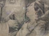 a drawing of a man and a woman with a horse