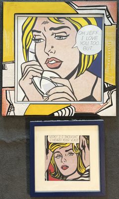 deux tableaux encadrés représentant une femme en train de parler au téléphone portable et une image d'une femme avec une bulle de dialogue