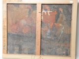 an image of a painting of a man riding a horse on a board