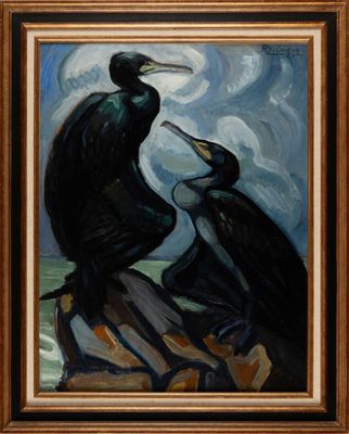 un tableau représentant deux oiseaux perchés sur un rocher au bord de l'océan