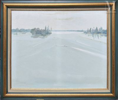 une peinture à l'huile représentant un paysage enneigé avec des arbres au loin
