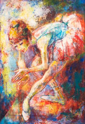 a painting of a woman in a blue dress and white ballet shoes