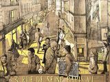 a drawing of a street scene with people walking down it