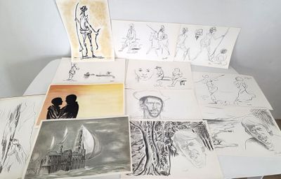 une table sur laquelle sont posés plusieurs dessins