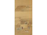 an oriental painting of a group of people outside a building