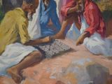 painting of a group of people sitting on the ground playing with a piece of paper