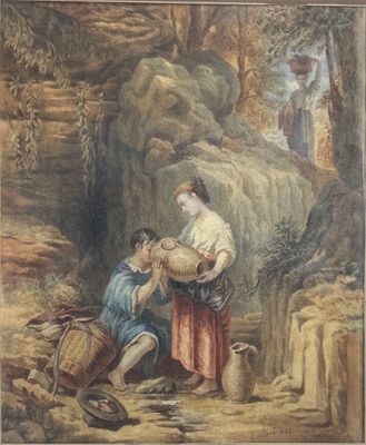 painting of a man and a woman in a landscape with rocks and trees