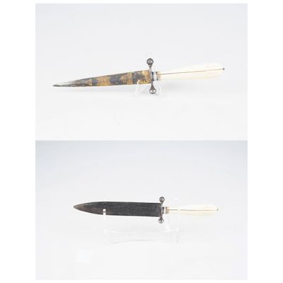 trois vues différentes d'un couteau à manche en bois posé sur une surface blanche