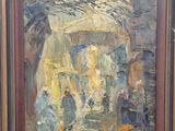 une peinture à l'huile représentant une scène de rue avec des personnes marchant dans la rue