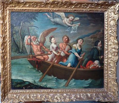 peinture d'un groupe de personnes dans un bateau sur un plan d'eau