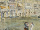 a painting of people standing on a pier by the water