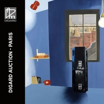 a painting of a refrigerator in a blue room with a window