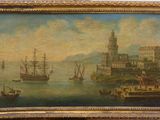 a painting of a harbor scene with ships in the water