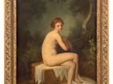 a painting of a nude woman sitting on a bench in a wooded setting