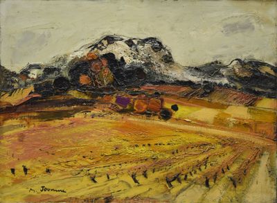 l'image d'un tableau représentant un paysage avec des montagnes en arrière-plan