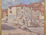 une image d'une peinture représentant une maison sur une colline