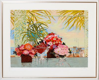 un tableau représentant un vase de fleurs et un verre de vin posés sur une table