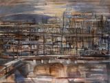 peinture représentant une vue d'une ville avec un pont enjambant un plan d'eau