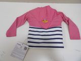 a pink shirt with blue and white stripes on it
