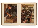 un livre ouvert avec deux photos d'une femme travaillant dans une usine