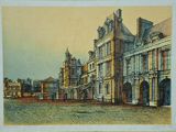 an old picture of a building with a clock tower in the middle of it