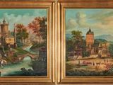 deux tableaux représentant un paysage avec un château et une rivière
