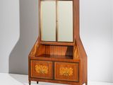 an image of a wooden cabinet with a mirror on top of it