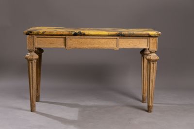 an image of a wooden table with a marble top