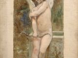 painting of a young cupid holding a tennis racquet in his right hand