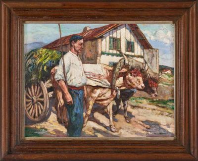 an oil painting of a man with a cart and a horse