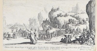 drawing of a large group of people gathered around a man on a horse