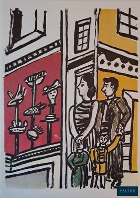 a drawing of a man and a woman standing in front of a store