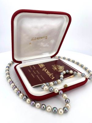 un collier de perles et un passeport dans un étui