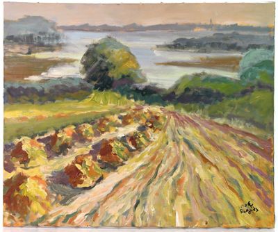an oil painting of a dirt road in a field with a lake in the background