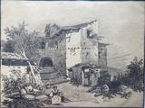 drawing of an old building with a horse and carriage in front of it
