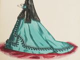 an illustration of a woman in a blue dress with a black cape