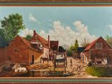 une peinture à l'huile représentant une scène de ferme avec des vaches et des chevaux