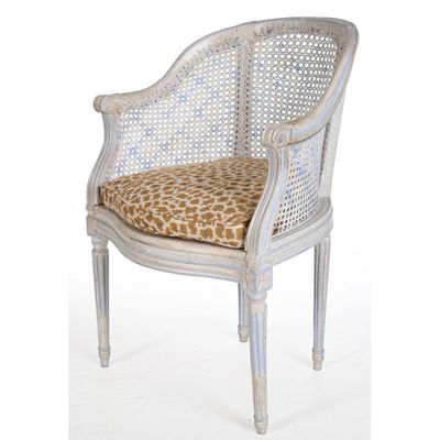 une photo d'une chaise blanche avec un coussin à motif léopard