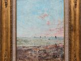 a painting of a landscape with a person walking in the distance