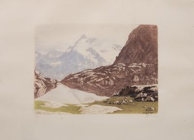 a picture of a painting of a mountain with snow on it