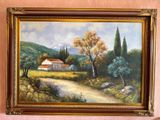 a painting hanging on the wall of a pink room