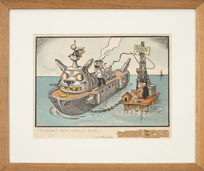 tableau encadré représentant un dessin humoristique d'un bateau avec un chat et un chien à bord