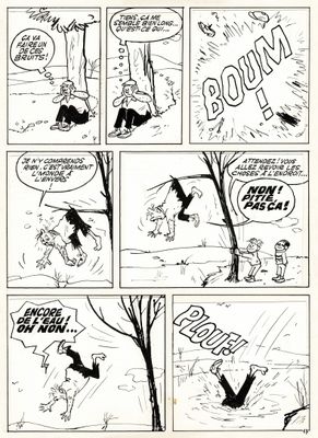 a black and white comic strip with a cartoon of a man on a swing