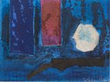 une peinture représentant une fleur blanche sur fond bleu