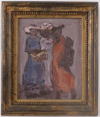 an oil painting of three women in hats standing next to each other