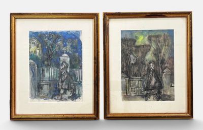 deux dessins encadrés représentant un homme et une femme marchant sous la pluie