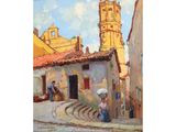 painting of a woman walking down a cobblestone street with a church in the background