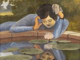 une peinture à l'huile représentant une femme allongée sur un pont au-dessus d'un étang