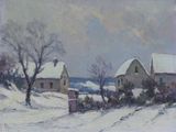 tableau représentant un paysage enneigé avec une maison et des arbres au premier plan