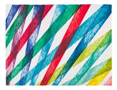 a painting of multicolored stripes on a white background